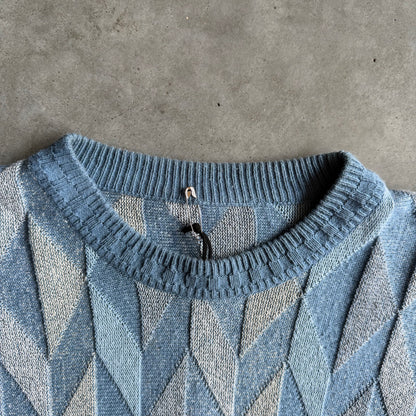 Vintage Geometric 3D Diamond Blue Knit Sweater