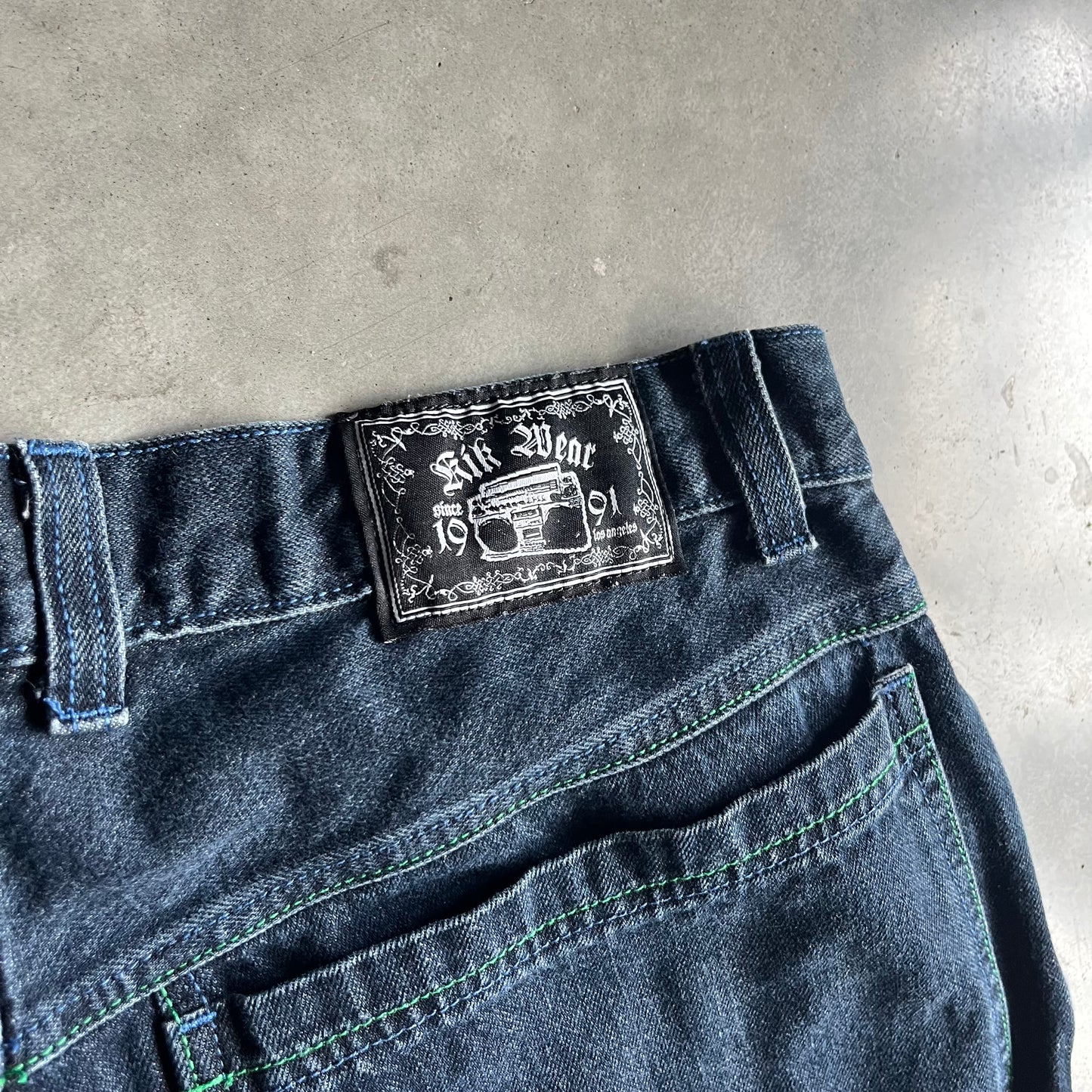 Vintage Kikwear Wide Leg Rave Jeans Blue/Green Stitching