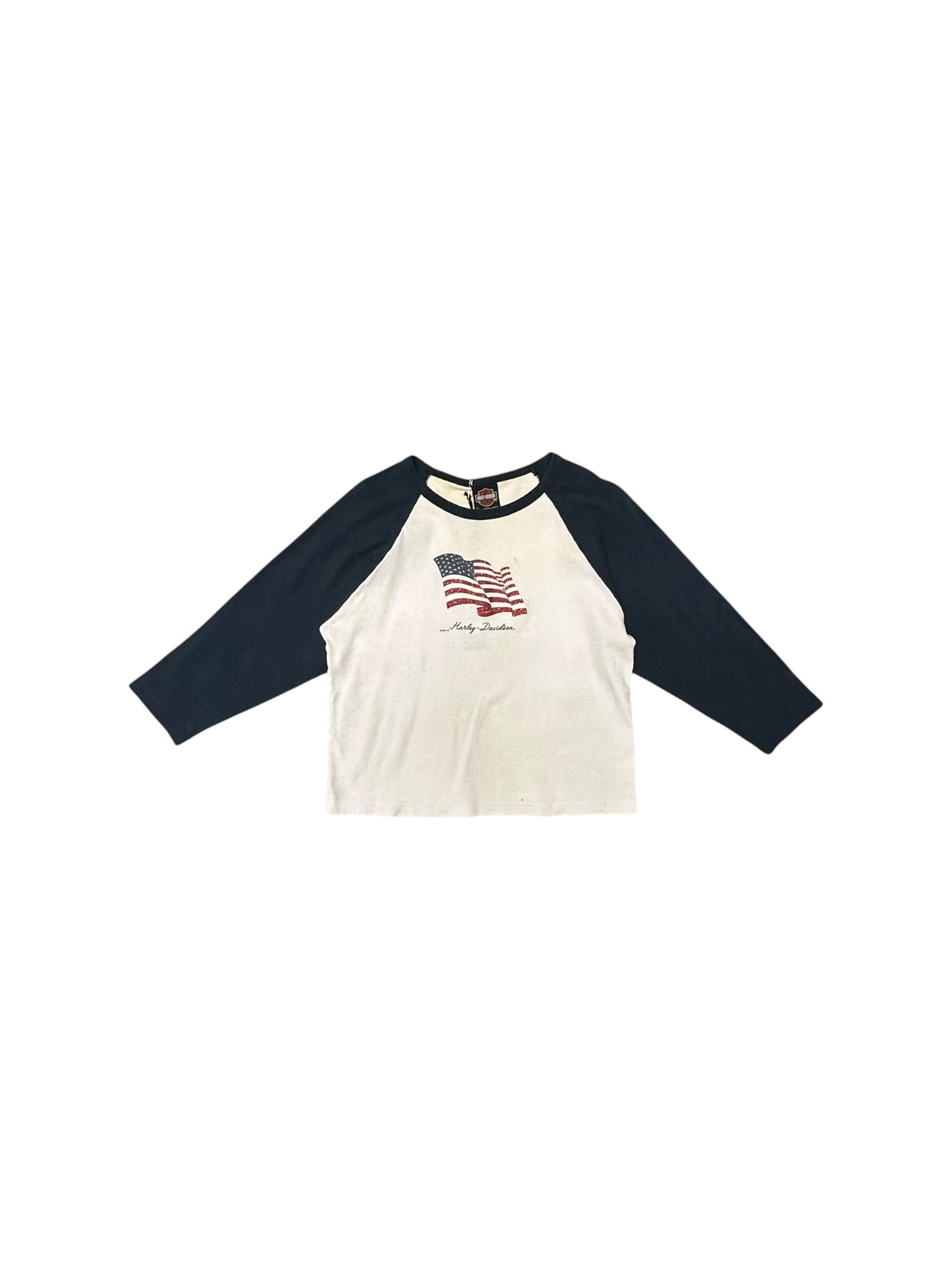 Women’s Y2K Harley Davidson Flag Baseball 3/4 Sleeve