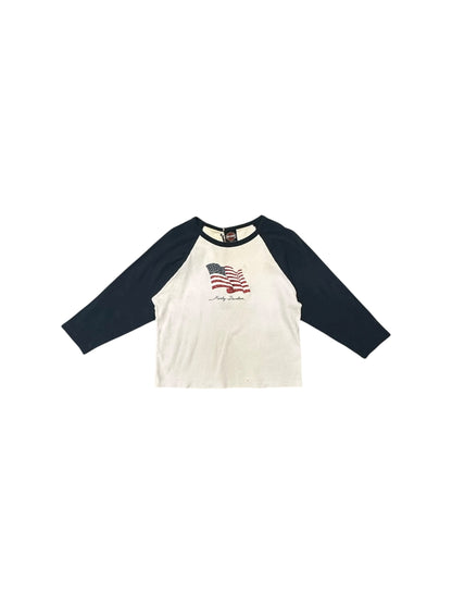 Women’s Y2K Harley Davidson Flag Baseball 3/4 Sleeve