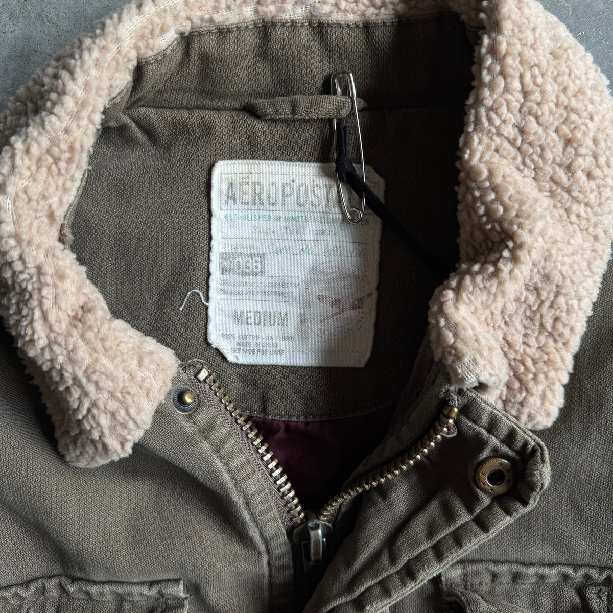 Y2K Aeropostale Olive Sherpa Collar Work Jacket w/ Camo Patch