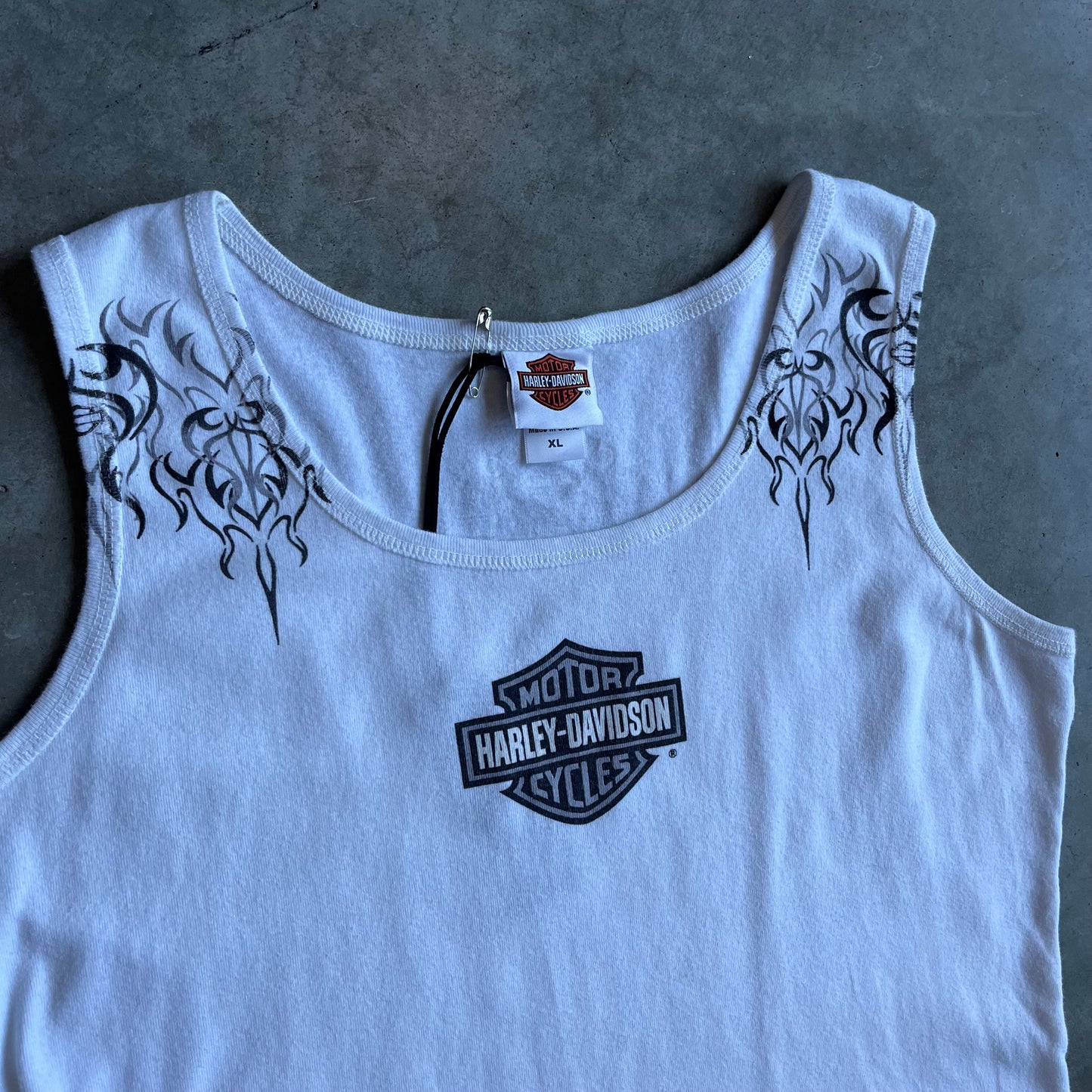 Women’s Y2K Harley Davidson White & Black Tribal Flame Tank Top