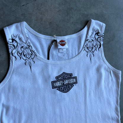 Women’s Y2K Harley Davidson White & Black Tribal Flame Tank Top