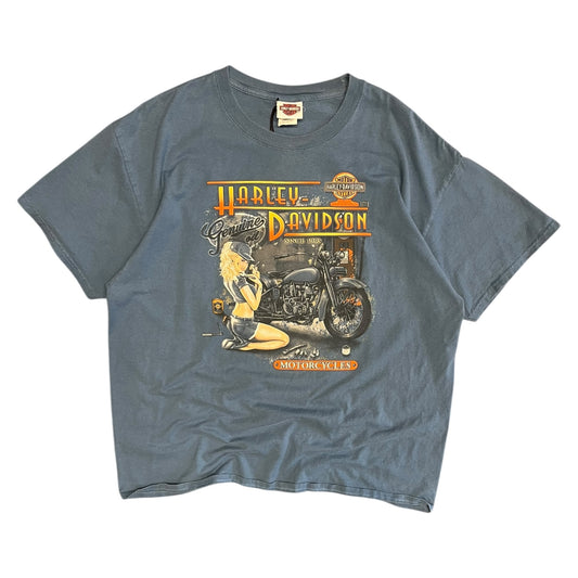 Harley Davidson Genuine Oil Pin Up Girl Blue T Shirt