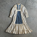 Vintage Gunne Sax 70s Blue Velvet And Cabbage Rose Prairie Dress With Tie Back