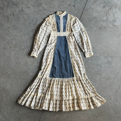 Vintage Gunne Sax 70s Blue Velvet And Cabbage Rose Prairie Dress With Tie Back
