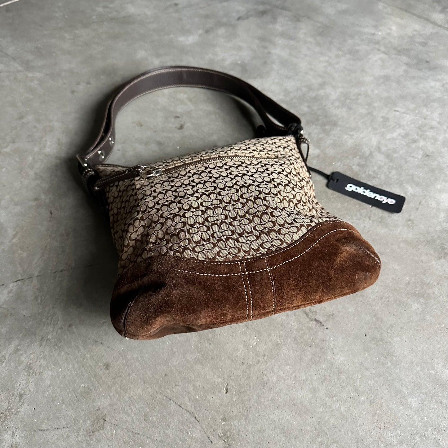 Y2K Coach Jacquard Suede Hobo Shoulder Bag Dark Brown