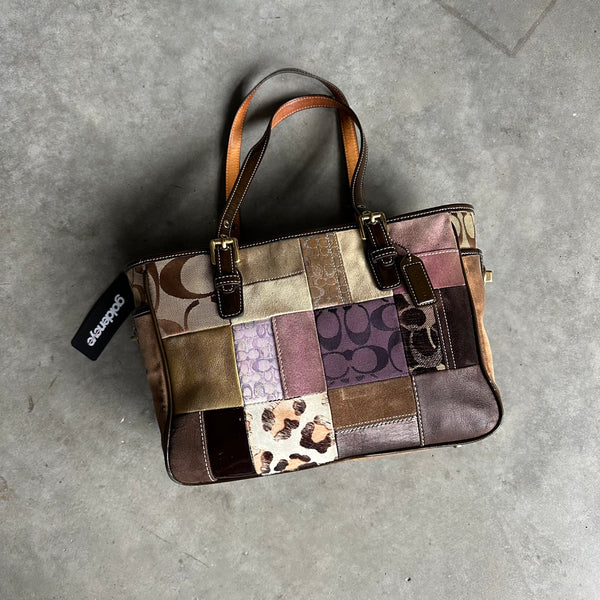 Y2K Coach Holiday Patchwork Tote Suede Leather Brown/Purple