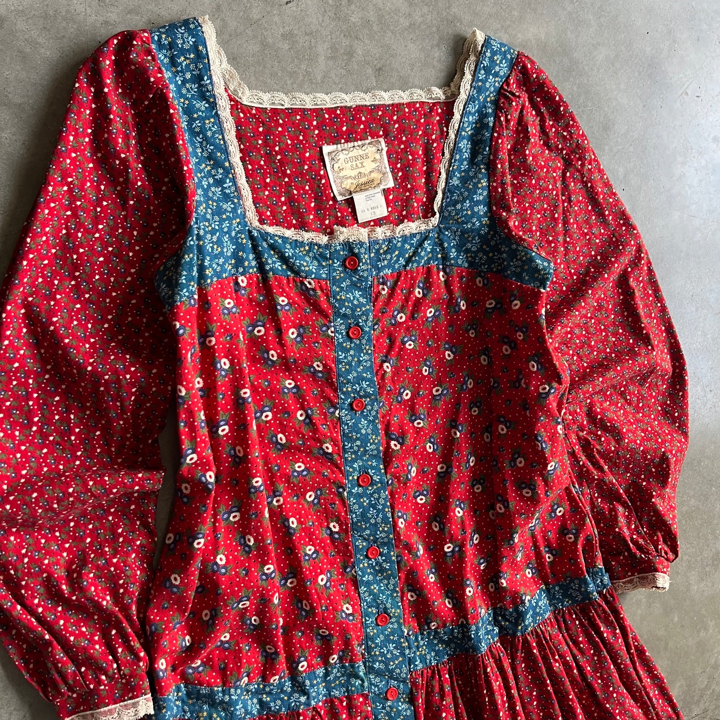 Vintage 70s Gunne Sax Red/Blue Floral Triptych And Polka Dot Prairie Dress