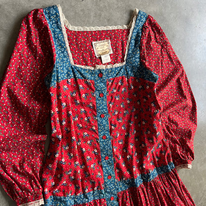 Vintage 70s Gunne Sax Red/Blue Floral Triptych And Polka Dot Prairie Dress