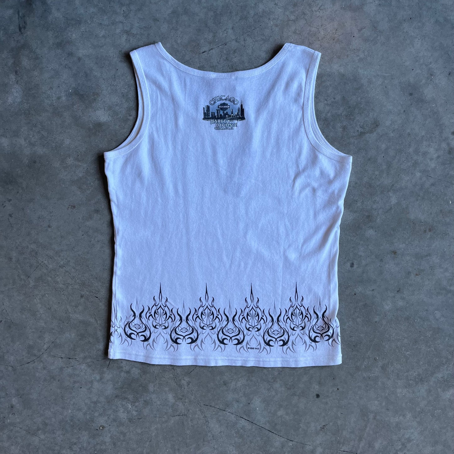 Women’s Y2K Harley Davidson White & Black Tribal Flame Tank Top