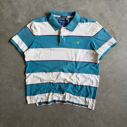 Y2K American Eagle Vintage Fit Teal & White Stripped Polo