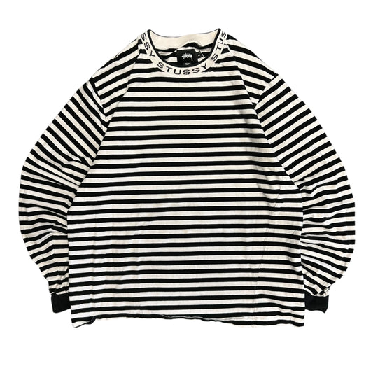 Stussy B&W Striped Jacquard Neck Logo Longsleeve