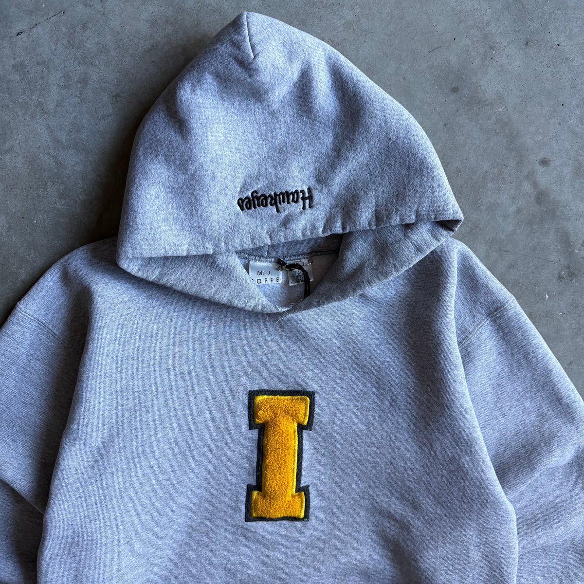 Y2K University Of Iowa Heathered Grey Chenille “I” Patch Hoodie