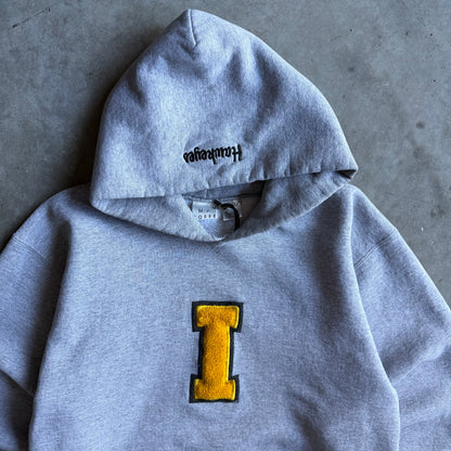 Y2K University Of Iowa Heathered Grey Chenille “I” Patch Hoodie