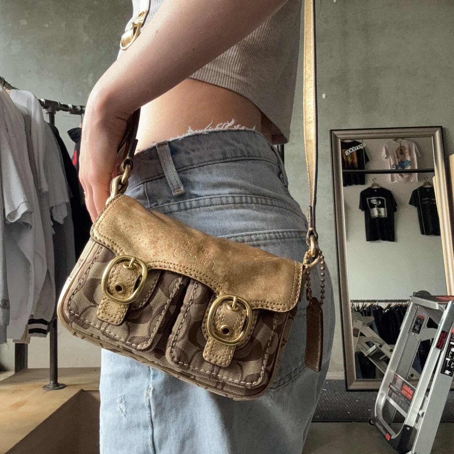 Y2K Coach Signature Mini Shoulder Bag Tan/Gold