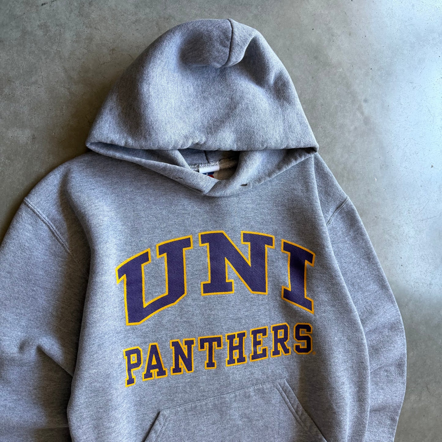 Vintage Russell Athletic UNI Panthers Spell-Out Gray Hoodie