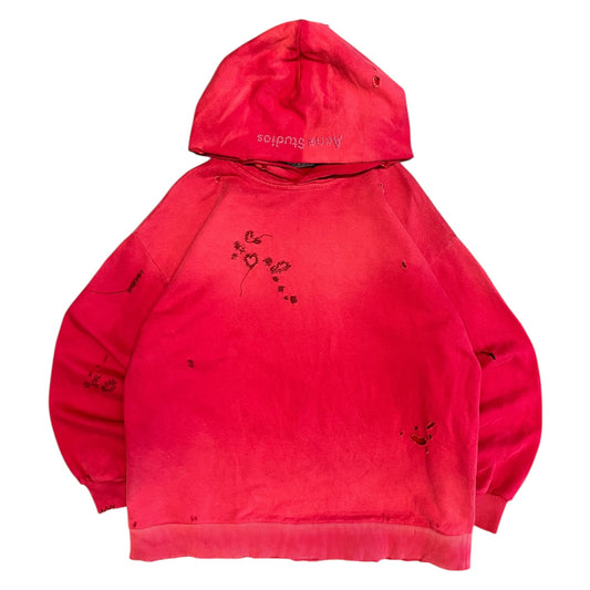 Acne Studios Distressed Heart Embroidered Red Hoodie