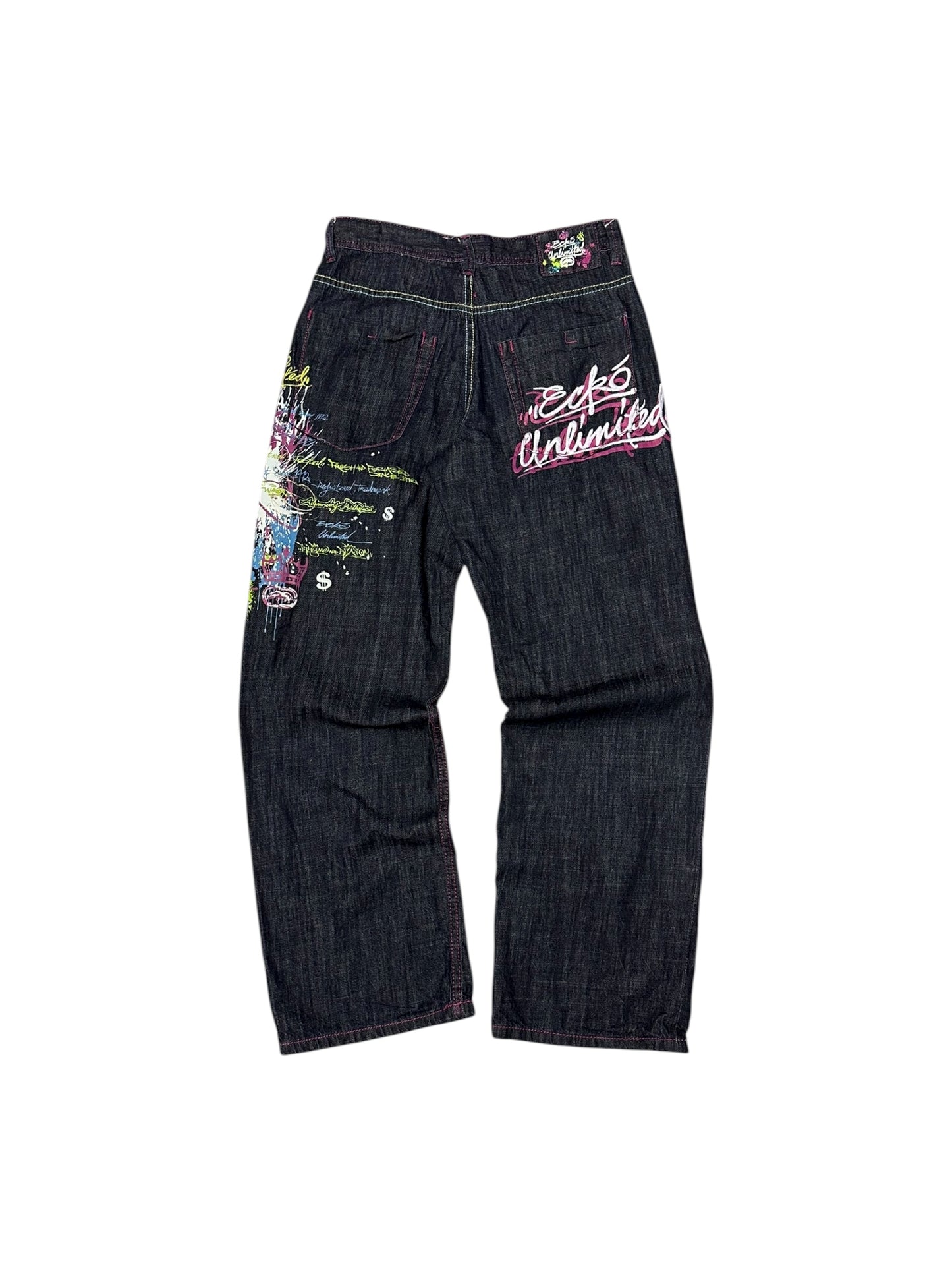Echo Unlimited Y2K Baggy Fit Purple/Green Grafiti Print Jeans