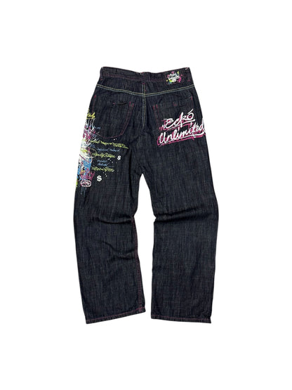 Echo Unlimited Y2K Baggy Fit Purple/Green Grafiti Print Jeans
