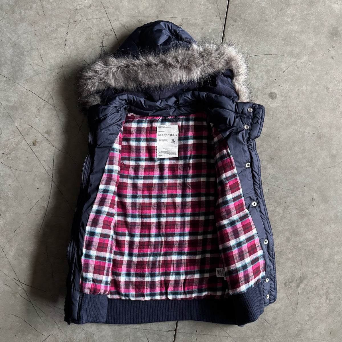 Women’s Y2K Aeropostale Navy Puffer Vest With Fur Hood