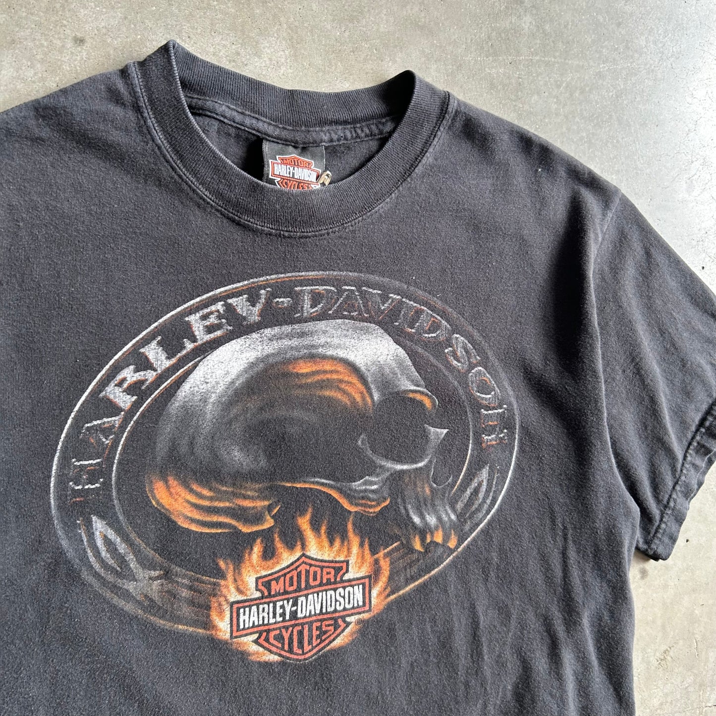 Y2K Harley Davidson Flaming Shield Skull Emblem Tee