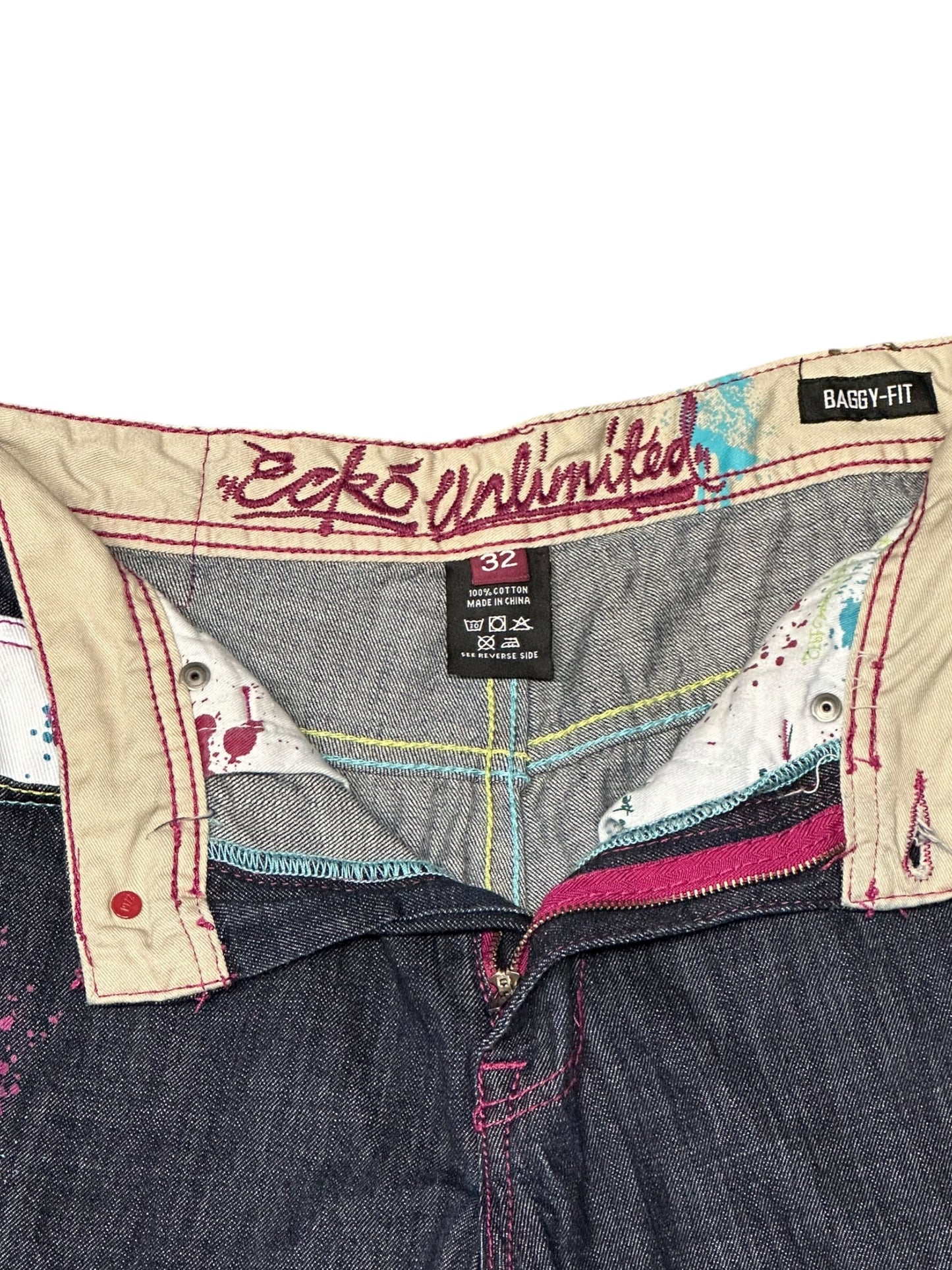 Echo Unlimited Y2K Baggy Fit Purple/Green Grafiti Print Jeans