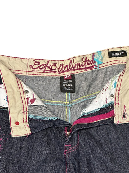 Echo Unlimited Y2K Baggy Fit Purple/Green Grafiti Print Jeans
