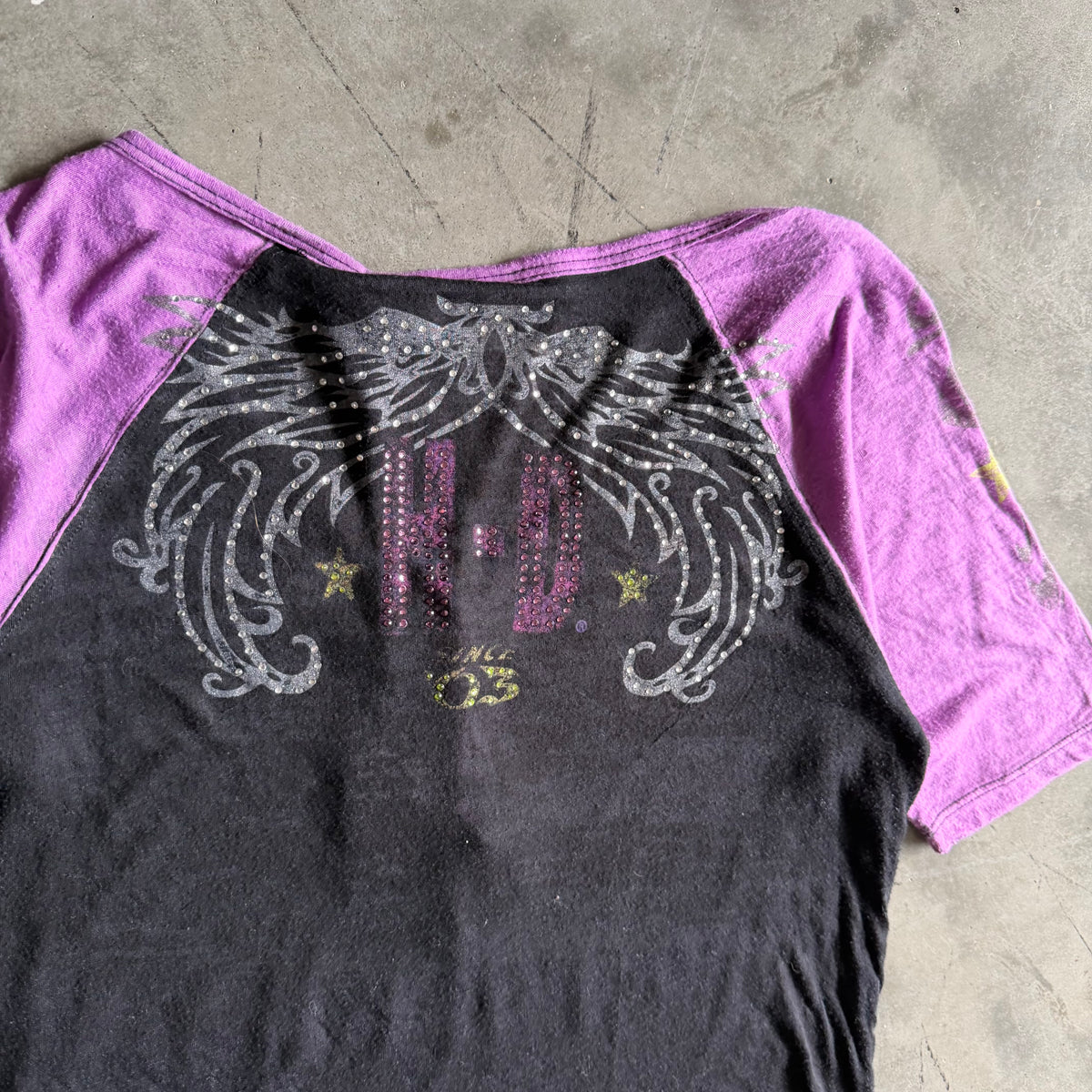 Women’s Y2K Harley Davidson Acid Wash Purple/Black Baseball Tee