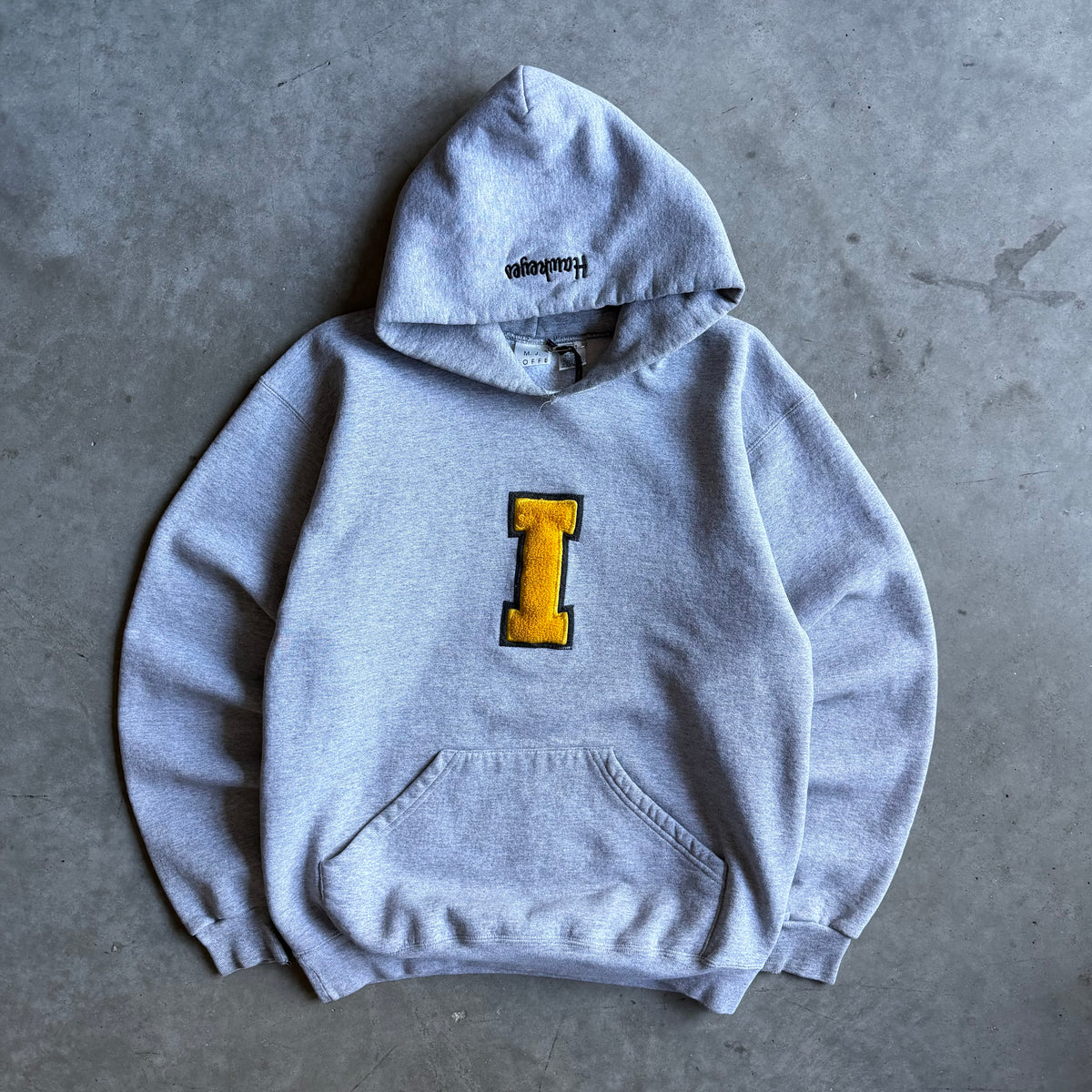 Y2K University Of Iowa Heathered Grey Chenille “I” Patch Hoodie