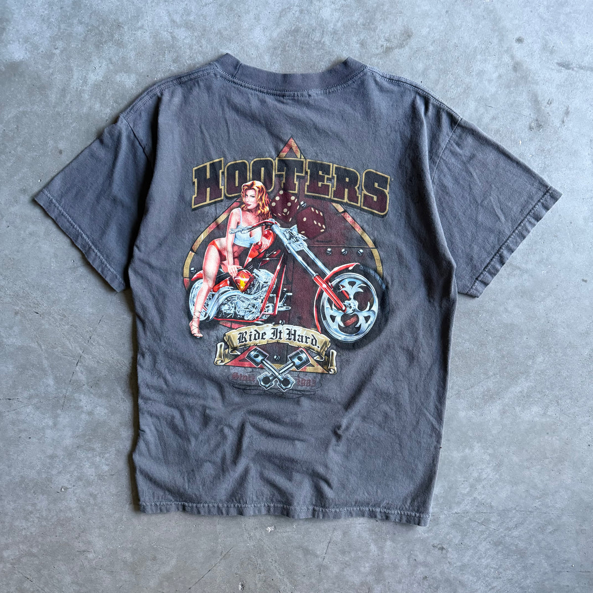 Y2K Hooters Lady & Bike Dark Gray Tee