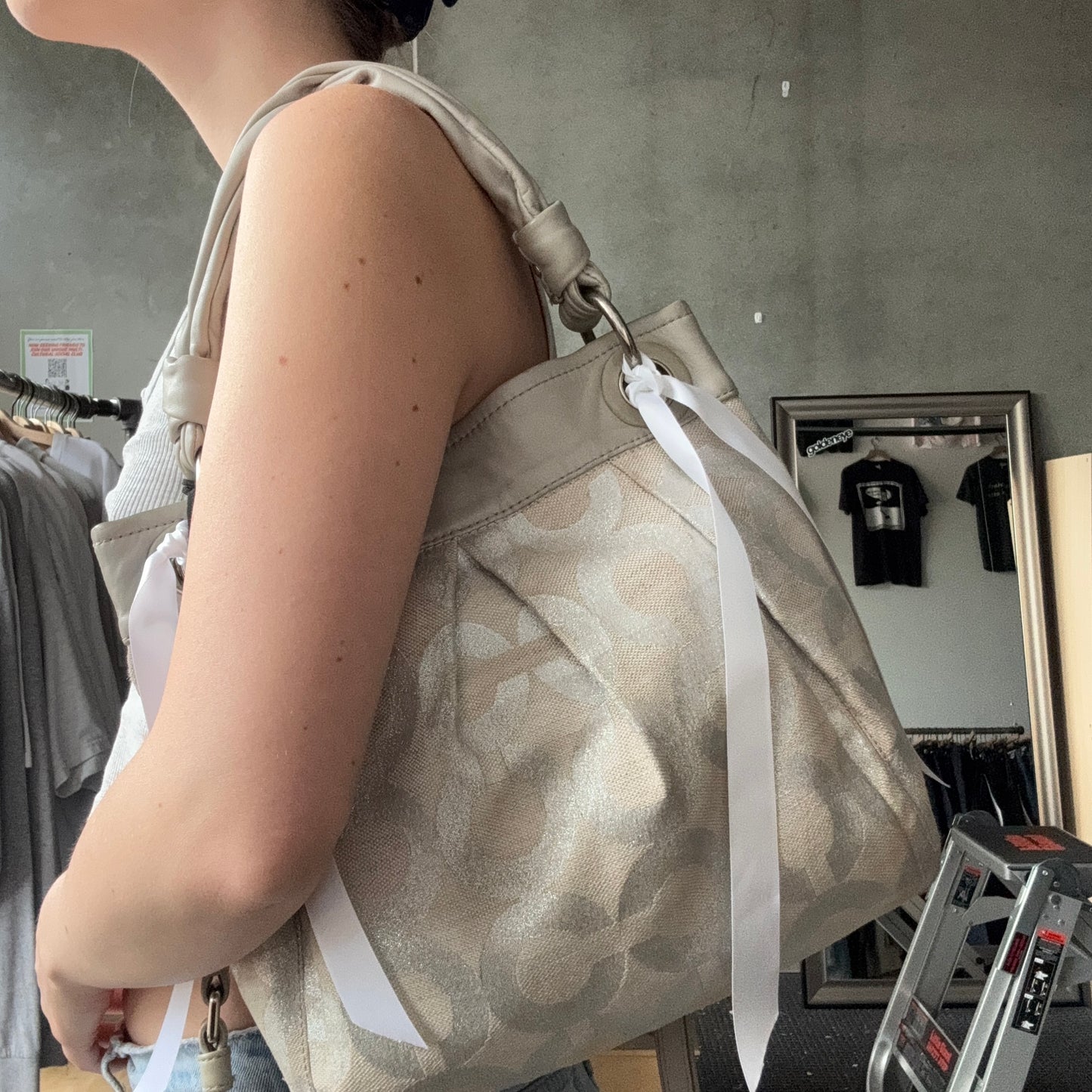Y2K Coach Parker Silver Op Art Lured Canvas Shoulder Bag