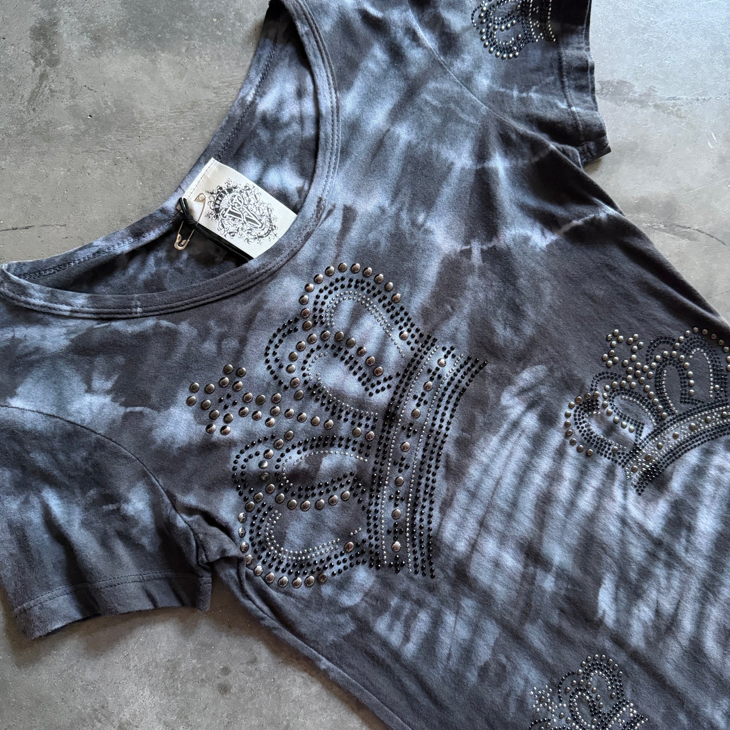 Y2K Vocal Grey Tie Dye Rhinestone Crown Fitted Tee