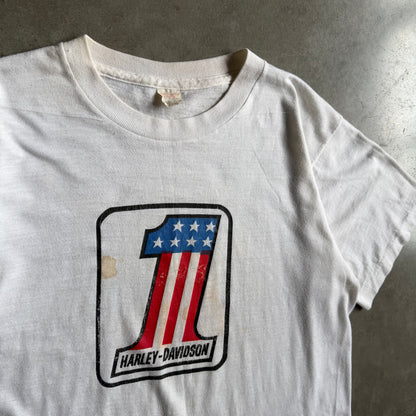 70s Harley Davidson 1 Logo Jimmy Nantista Des Moines White Tee