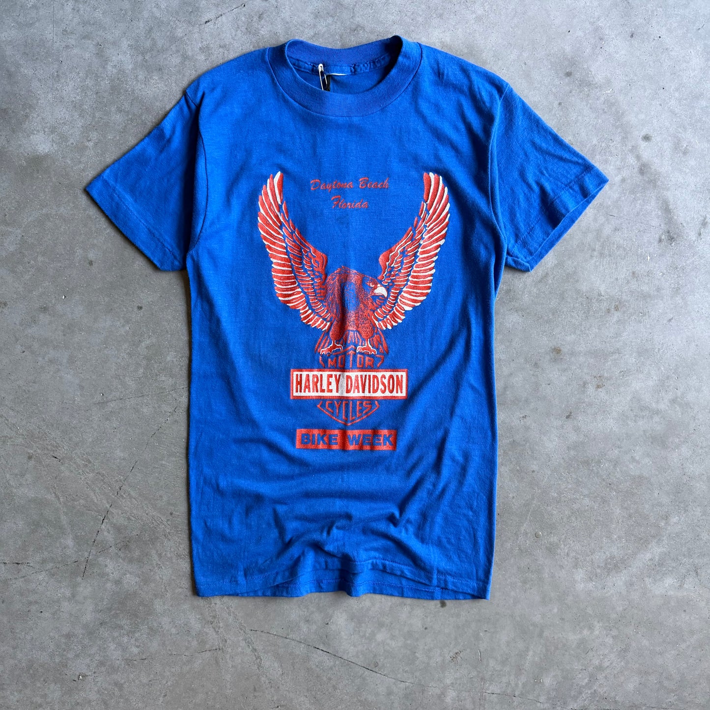 70s Daytona Beach Bike Week Harley Davidson Blue Tee