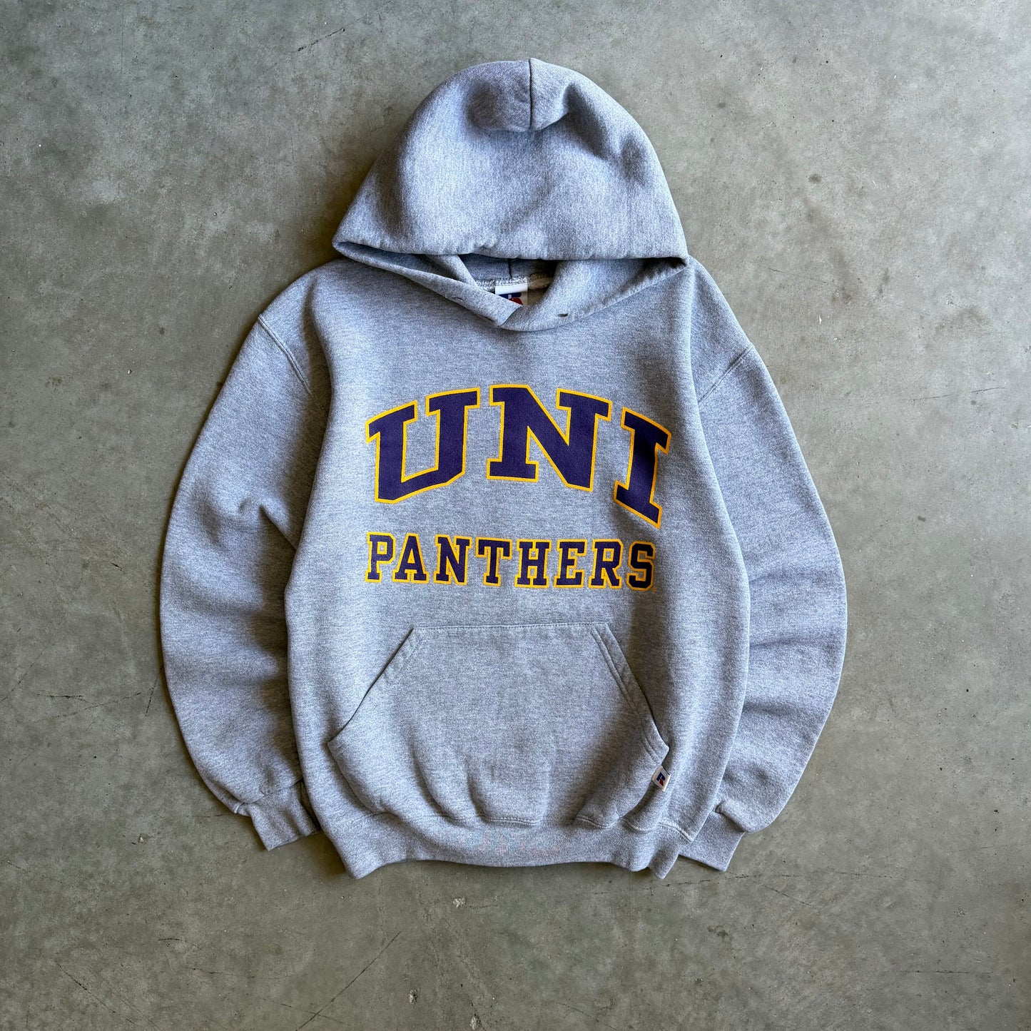 Vintage Russell Athletic UNI Panthers Spell-Out Gray Hoodie