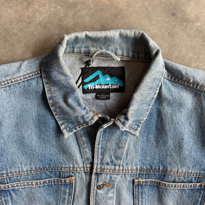 Vintage Tri-Mountain Denim Jacket w/ Wolf Painting On Back