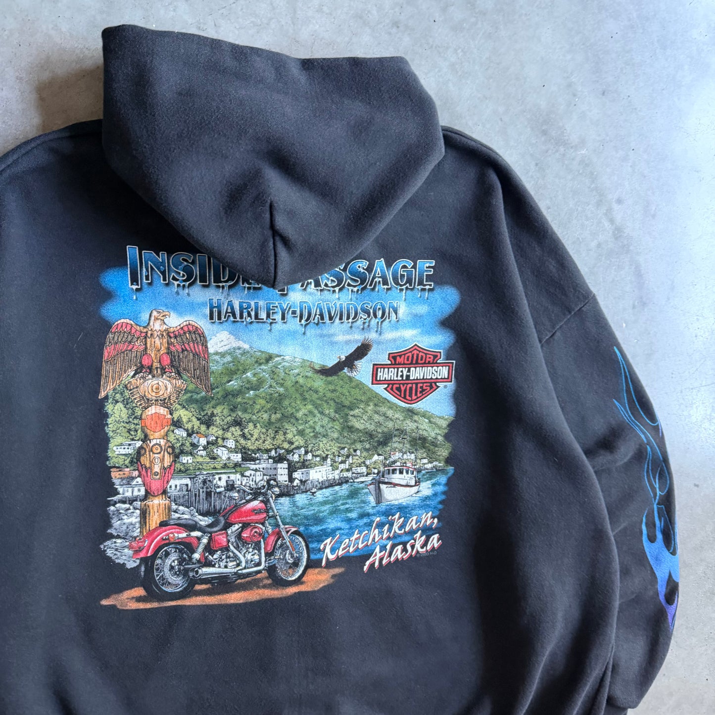 Vintage Harley Davidson Blue Flame Sleeve Zip Up Hoodie