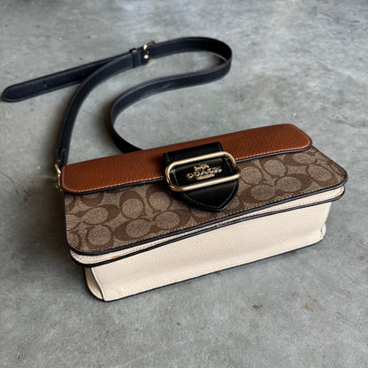 Coach Signature Morgan Bag Colorblock Khaki Pebble Leather