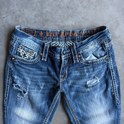 Y2K Women’s Rock Revival Faded & Distressed Blue Jeans