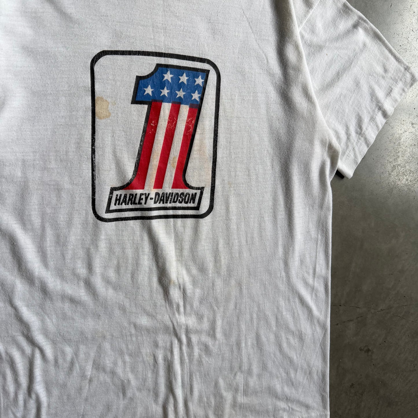 70s Harley Davidson 1 Logo Jimmy Nantista Des Moines White Tee