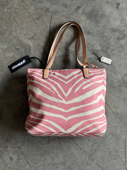 Coach Zebra Stripe Tote Shoulder Bag Pink/Tan