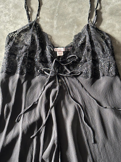 Women’s Y2K 100% Silk Victoria Secret Black Babydoll Camisole With Tie Closures