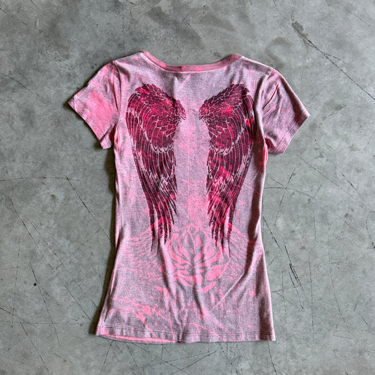 Y2K Vocal Pink Acid Angel Wings Fitted Tee