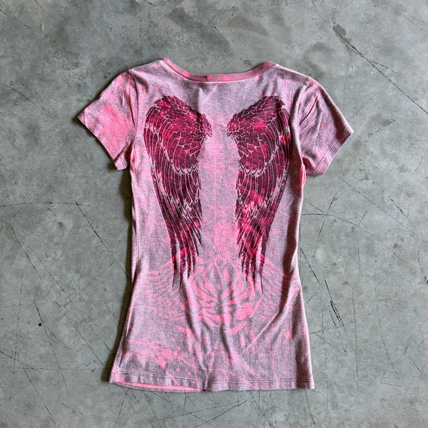 Y2K Vocal Pink Acid Angel Wings Fitted Tee