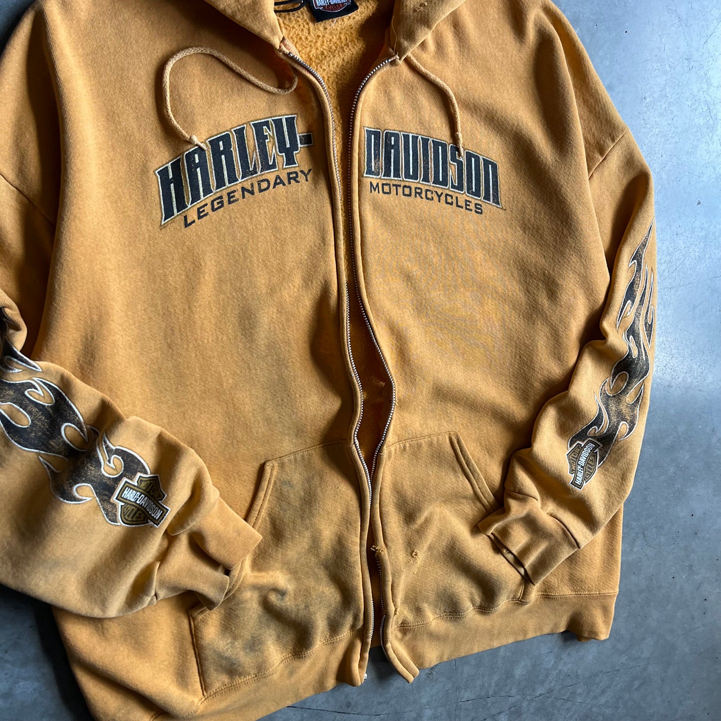 Vintage Harley Davidson Thrashed Yellow Flame Sleeve Zip Up Hoodie