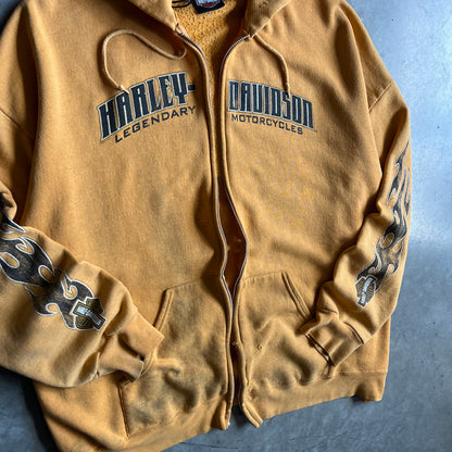 Vintage Harley Davidson Thrashed Yellow Flame Sleeve Zip Up Hoodie