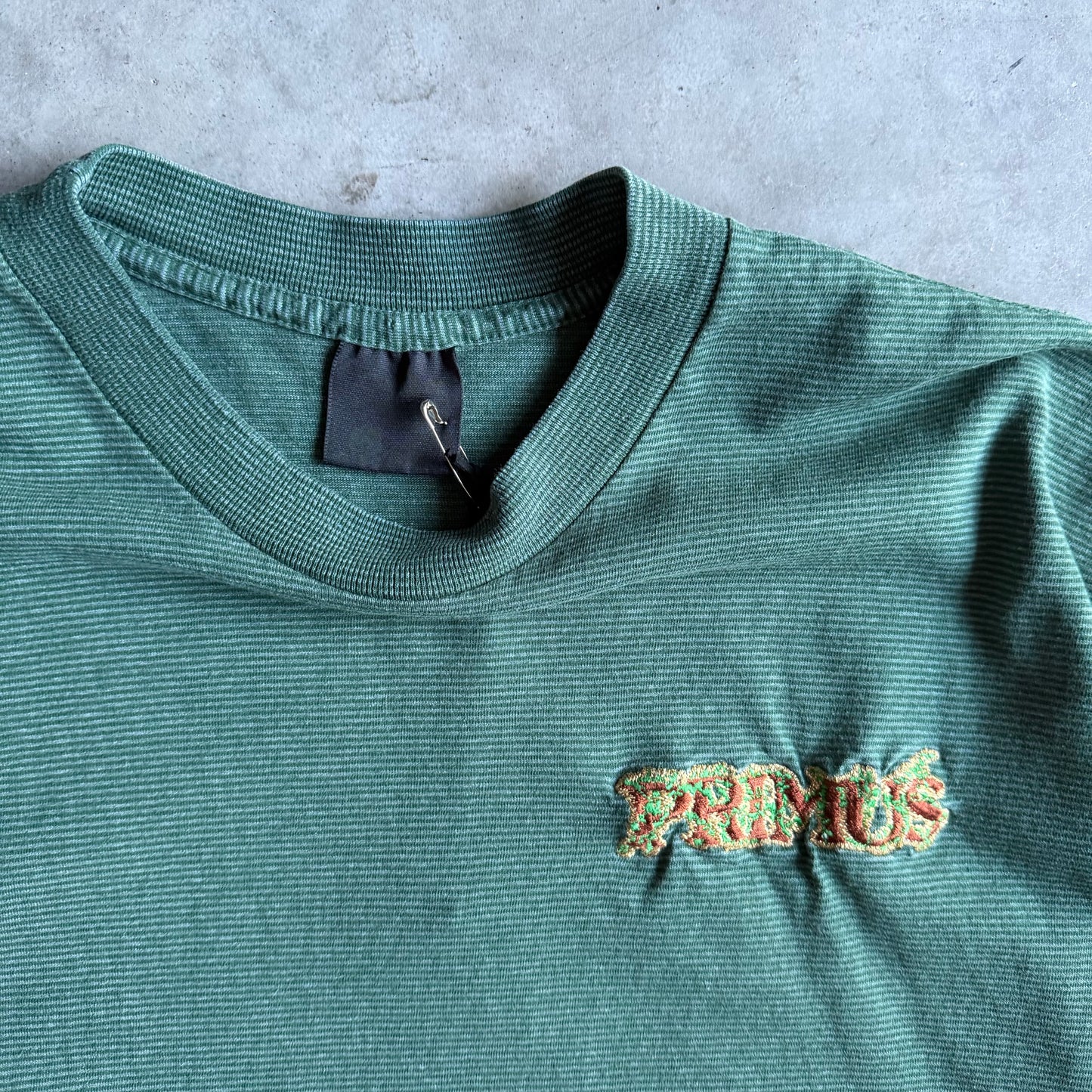 Vintage Primus Embroidered Logo Green Stripe T Shirt