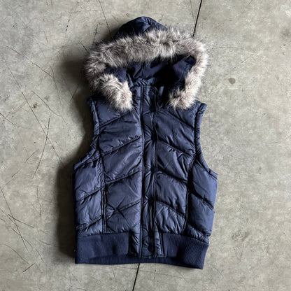 Women’s Y2K Aeropostale Navy Puffer Vest With Fur Hood