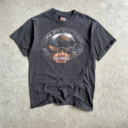 Y2K Harley Davidson Flaming Shield Skull Emblem Tee